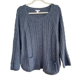 Garnet Hill Blue Cable Knit Wool Blend Curved Hem Pocket Sweater Size Large
